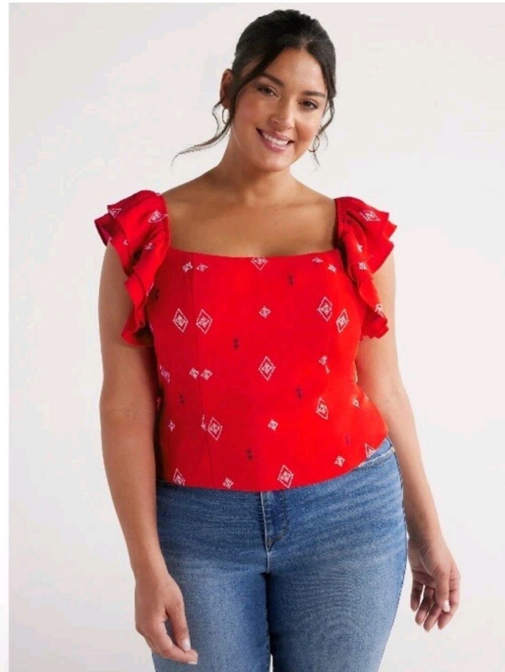 Sofia Vergara Orange-Red Flutter Sleeve Smocked Crop‎ Top Off The Shoulder XL
